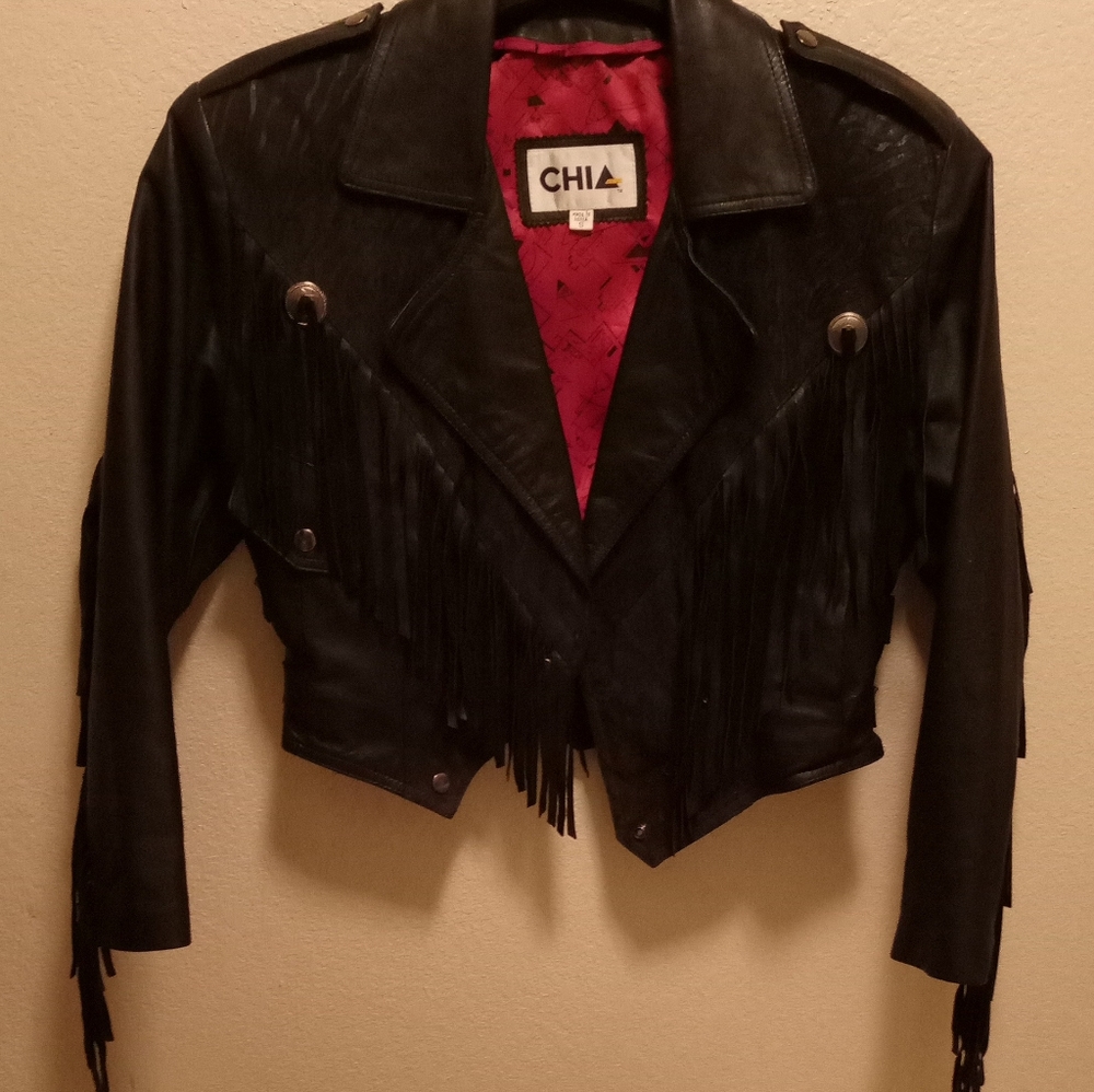 Vintage Leather 1980's Cropped Chia Fringe Motorcycle Jacket